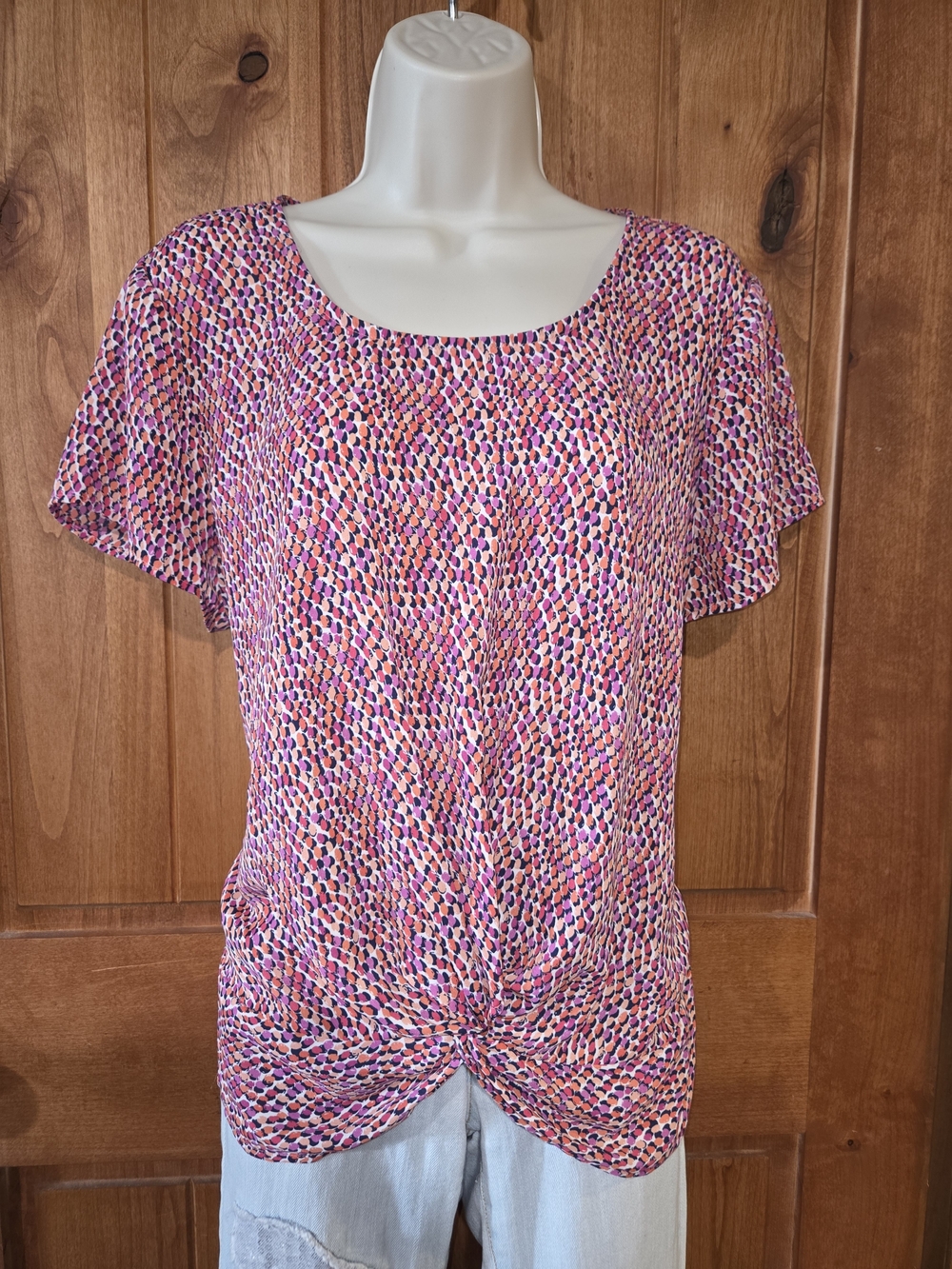 Adrianna Papell Pink Multi-Spot Short Sleeve Knot Front Top